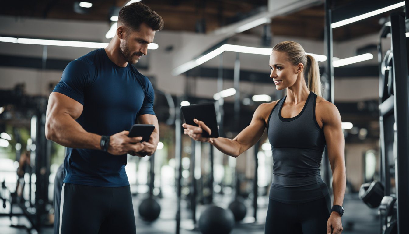A personal trainer guiding a client through various exercises in a well-equipped gym, demonstrating proper form and providing personalized workout plans