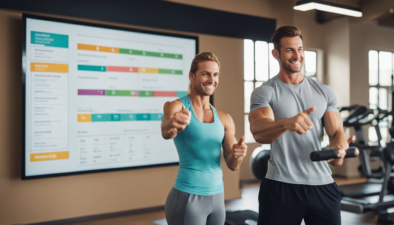A personal trainer pointing to a colorful chart of healthy food options, while gesturing towards a set of exercise equipment in a bright, spacious gym