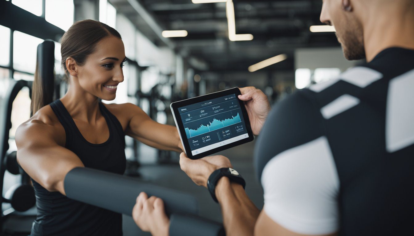 A personal trainer guides a client through exercises, tracks their progress on a tablet, provides feedback, and adjusts the workout plan accordingly
