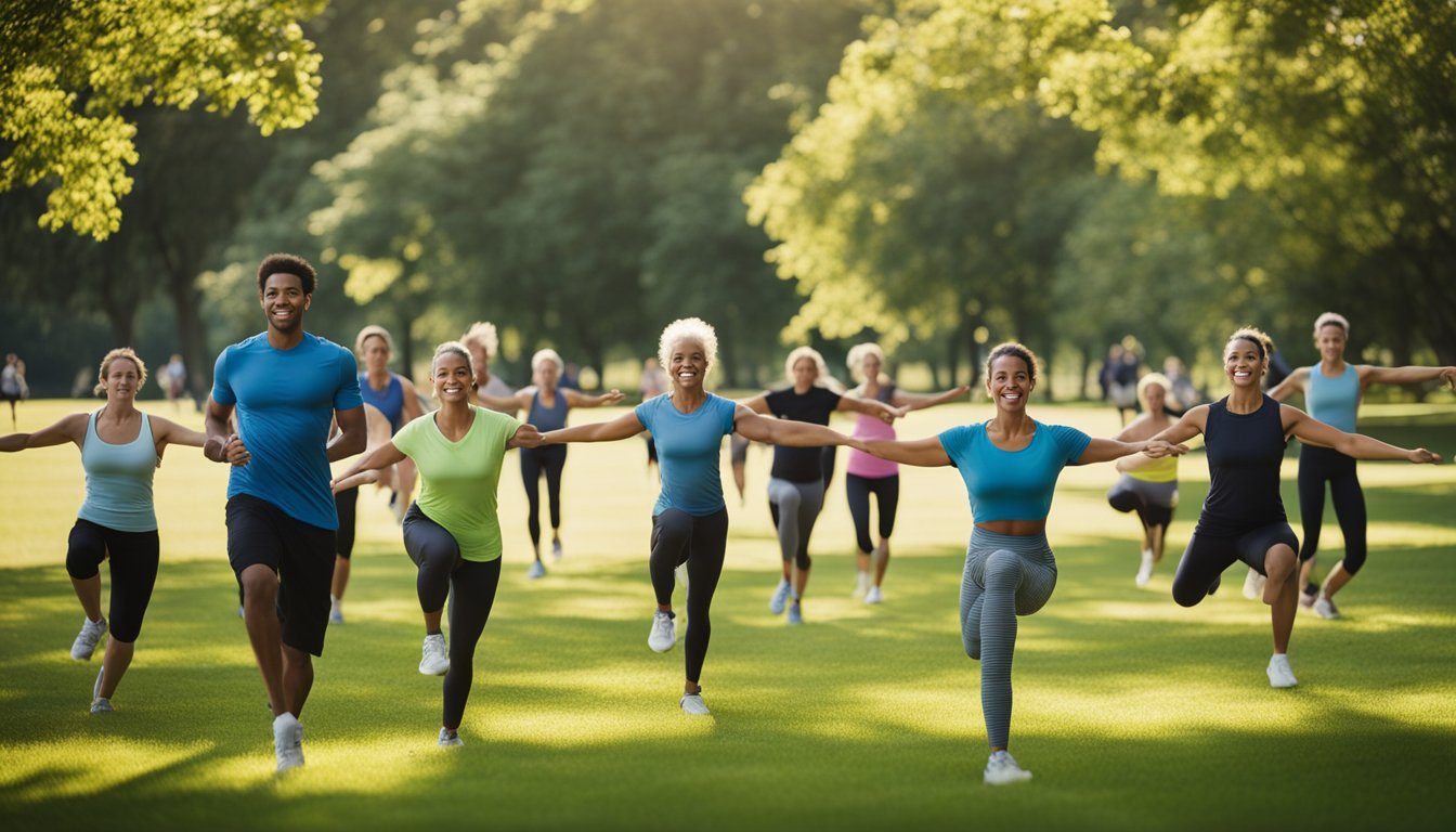 A person leading a group exercise class in a park, surrounded by green trees and blue skies, with participants of various ages and fitness levels following along