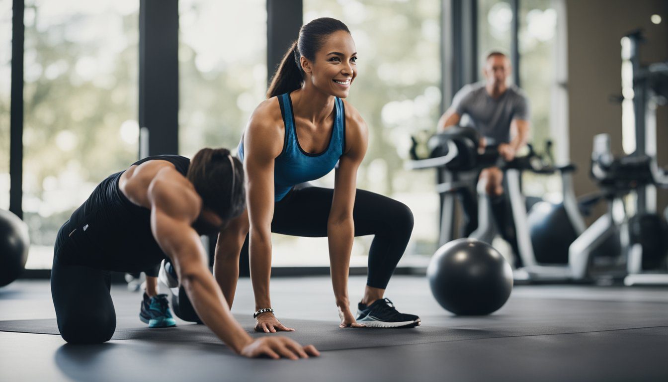 A personal trainer guides a client through exercise, meal planning, stress management, and lifestyle changes to promote longevity